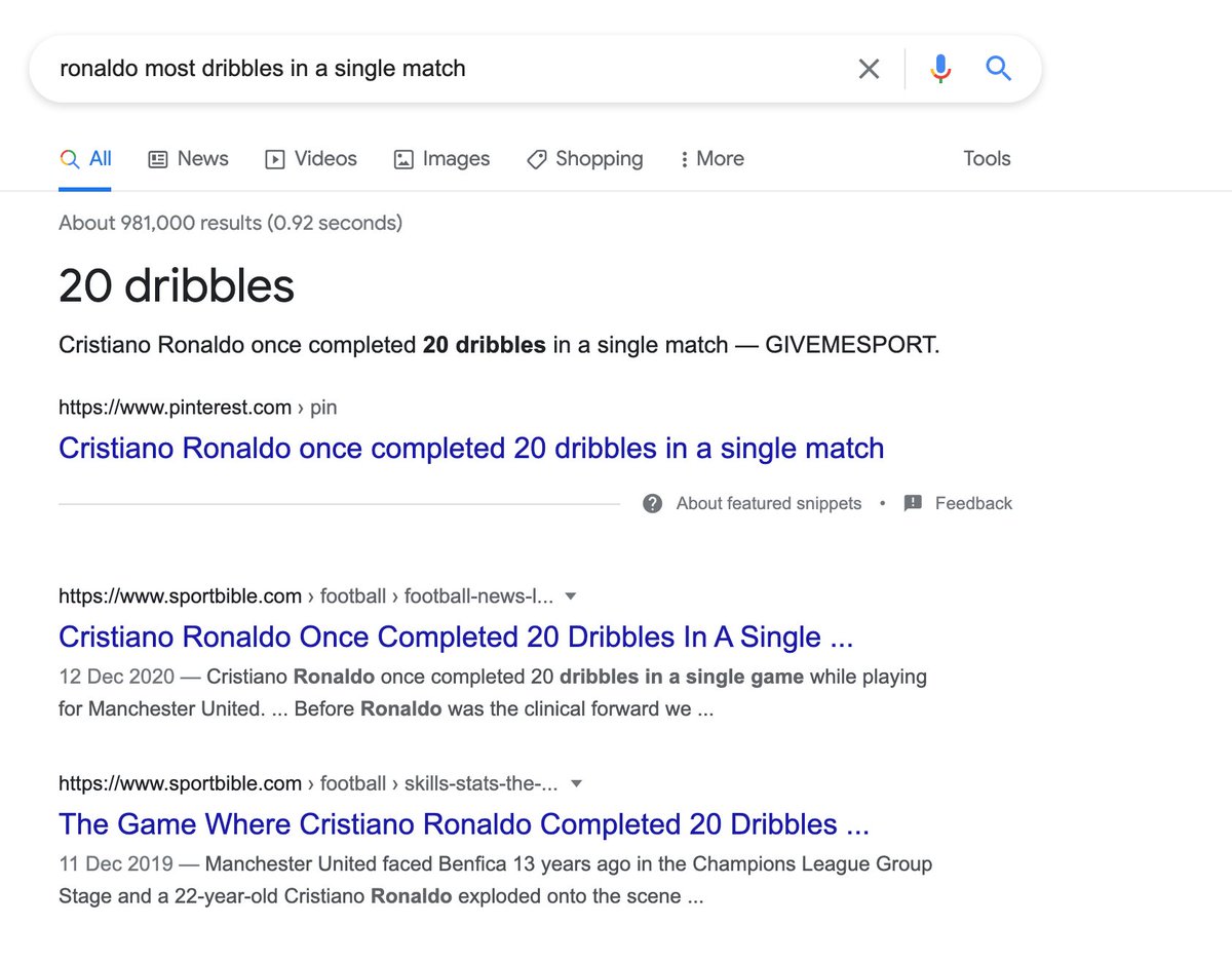 Screenshot of Google showing the Ronaldo 20 dribbles myth